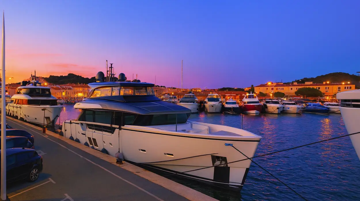 Port de Saint-Tropez au crépuscule avec yachts au mouillage